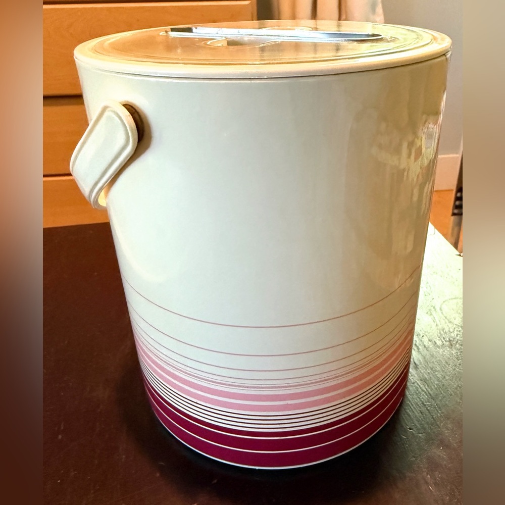 Vintage Phoenix 1980s Ice Bucket with Lid and Tongs, Mauve and Pink Stripe - Picture 3 of 11